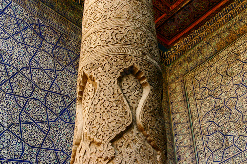 Wooden columns in interior of Juma Mosque (Friday Mosque) in Khiva, Uzbekistan