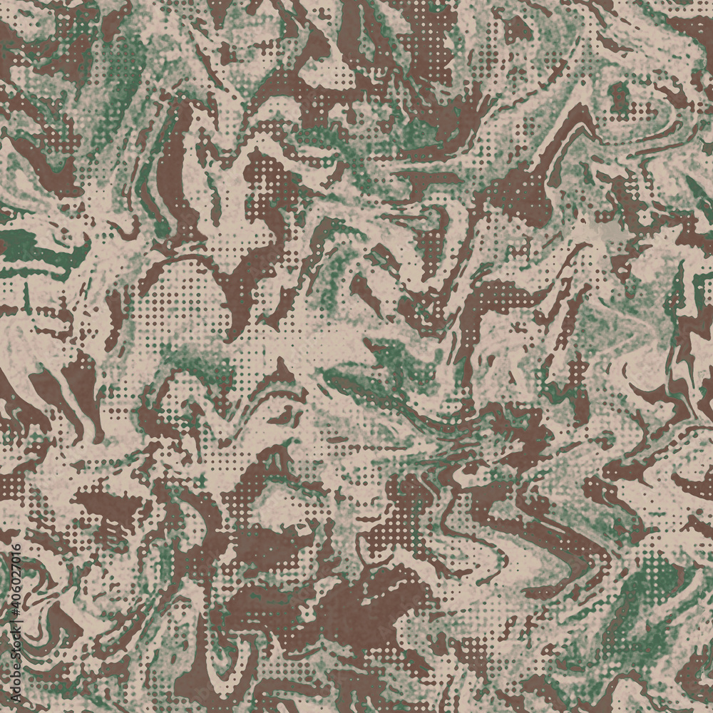 Grunge camouflage dots tile, seamless ebru pattern. Military urban liquid marble camo texture.  Army or hunting green and brown colors. Wallpaper for textile and fabric. 