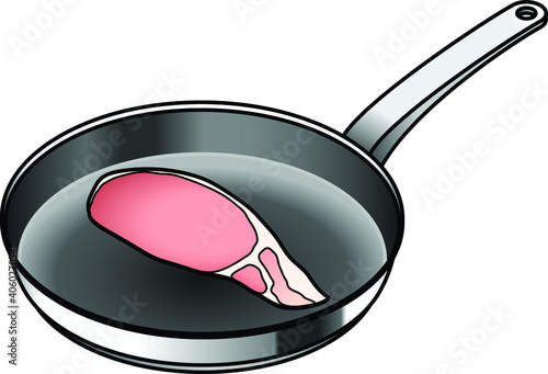 A non-stick frying pan with a slice of bacon.