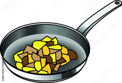 A non-stick frying pan with diced potato.