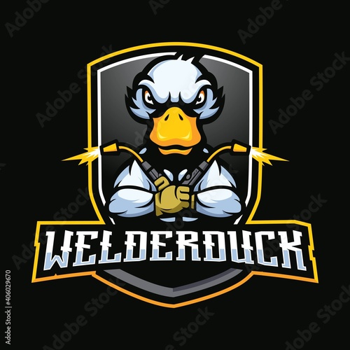 Welder Duck mascot cartoon logo design vector