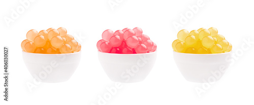 Mix tapioca pearls for bubble tea isolated on white background. Tapioca pearls in bowl.