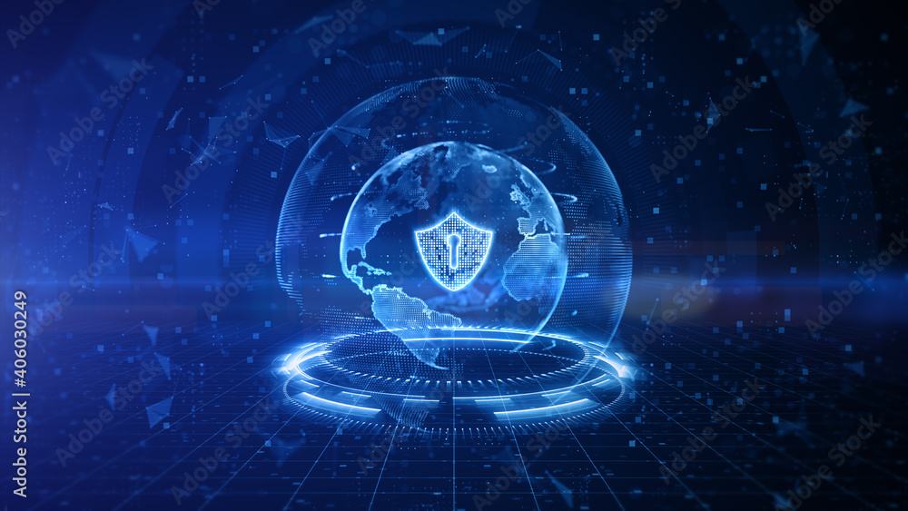 Obraz premium Shield Icon of Cyber Security Digital Data, Digital Data Network Protection, Global Network 5g High-Speed Internet Connection and Big Data Analysis Future Background Concept. 3D Rendering