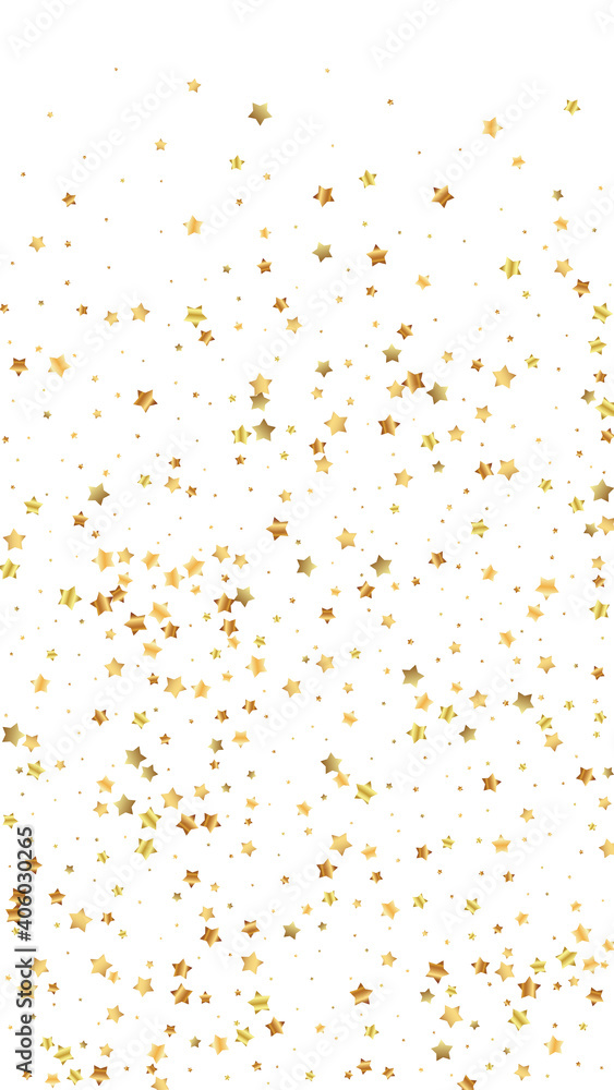 Gold stars random luxury sparkling confetti. Scattered small gold particles on white background. Energetic festive overlay template. Exceptional vector background.