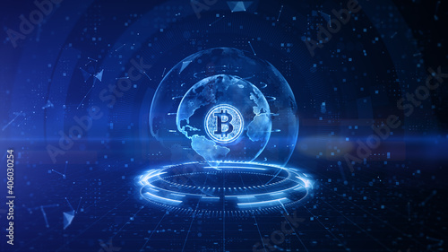 Fotografía Bitcoin blockchain crypto currency digital encryption, Digital money exchange, Technology global network connections background concept