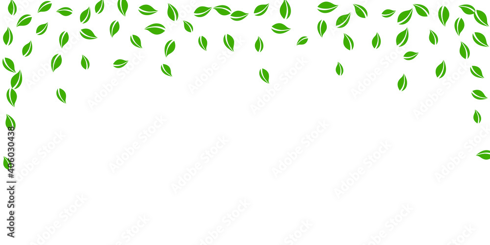 Falling green leaves. Fresh tea random leaves flying. Spring foliage dancing on white background. Amusing summer overlay template. Juicy spring sale vector illustration. Falling green leaves. Fresh tea random leaves flying. Spring foliage dancing on white background. Amusing summer overlay template. Juicy spring sale vector illustration.