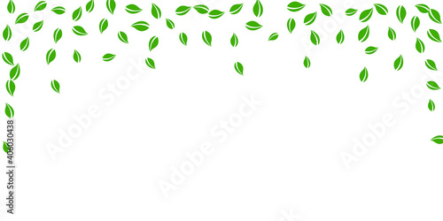Falling green leaves. Fresh tea random leaves flying. Spring foliage dancing on white background. Amusing summer overlay template. Juicy spring sale vector illustration.