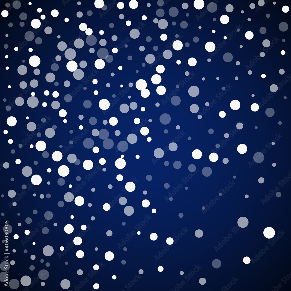 White dots Christmas background. Subtle flying snow flakes and stars on dark blue night background. Amazing winter silver snowflake overlay template. Appealing vector illustration. White dots Christmas background. Subtle flying snow flakes and stars on dark blue night background. Amazing winter silver snowflake overlay template. Appealing vector illustration.