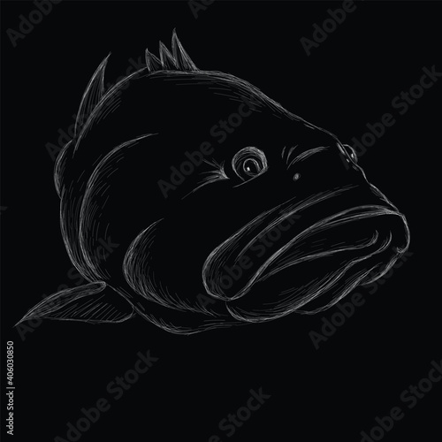 The Vector logo fish on black cloth for T-shirt print  design or outwear.  Fishing style grouper  background. This drawing would be nice to make on the black fabric or canvas.
