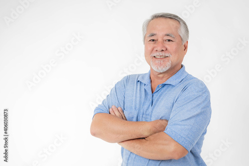 Portrait Asian senior man , old man , feel happy good health isolated on white background - lifestyle senior male concept