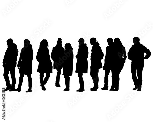 Big crowds people on street. Isolated silhouette on a white background