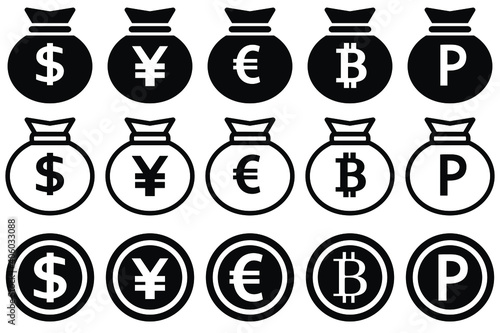 通貨記号の入った袋のビジネスアイコンのセット