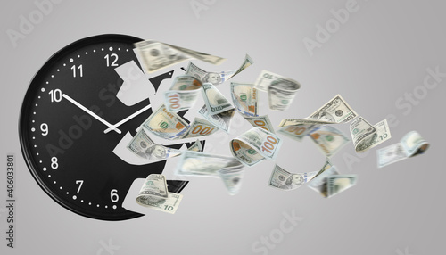 Crumbling clock with flying dollar banknotes on grey background photo