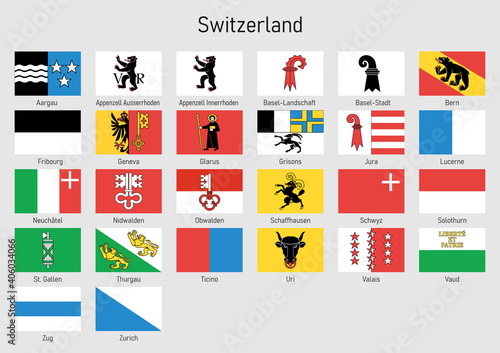 Flags of the cantons of Switzerland, All Swiss regions flag collection photo