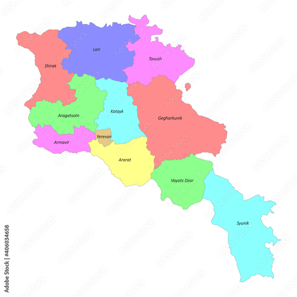 High quality labeled map of Armenia with borders of the regions