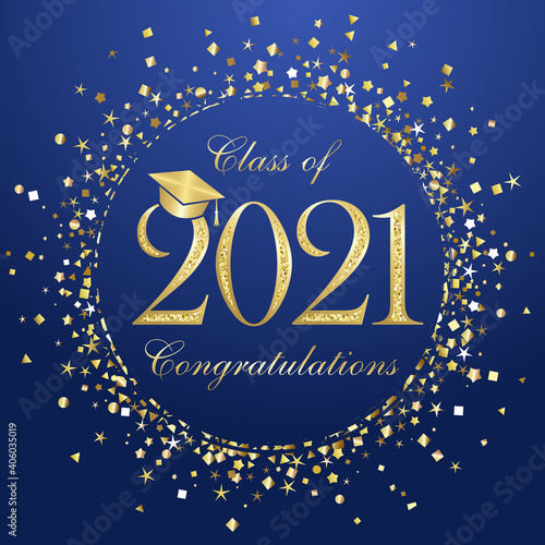 Class of 2021 year graduation banner, awards concept. Shiny sign, happy holiday invitation card, golden circle. Isolated abstract graphic design template. Greeting text, round ball, blue background.