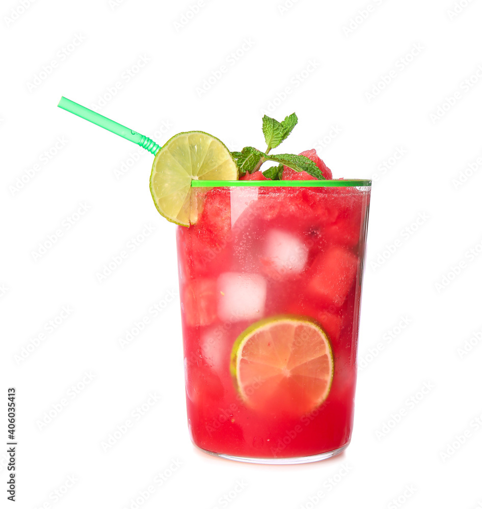 Glass of tasty cold watermelon lemonade on white background Glass of tasty cold watermelon lemonade on white background