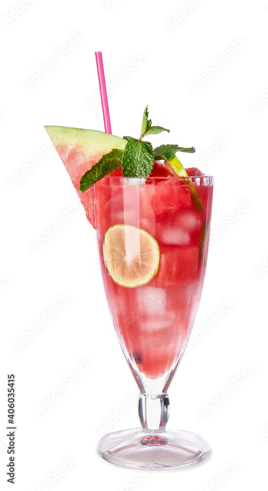 Glass of tasty cold watermelon lemonade on white background Glass of tasty cold watermelon lemonade on white background