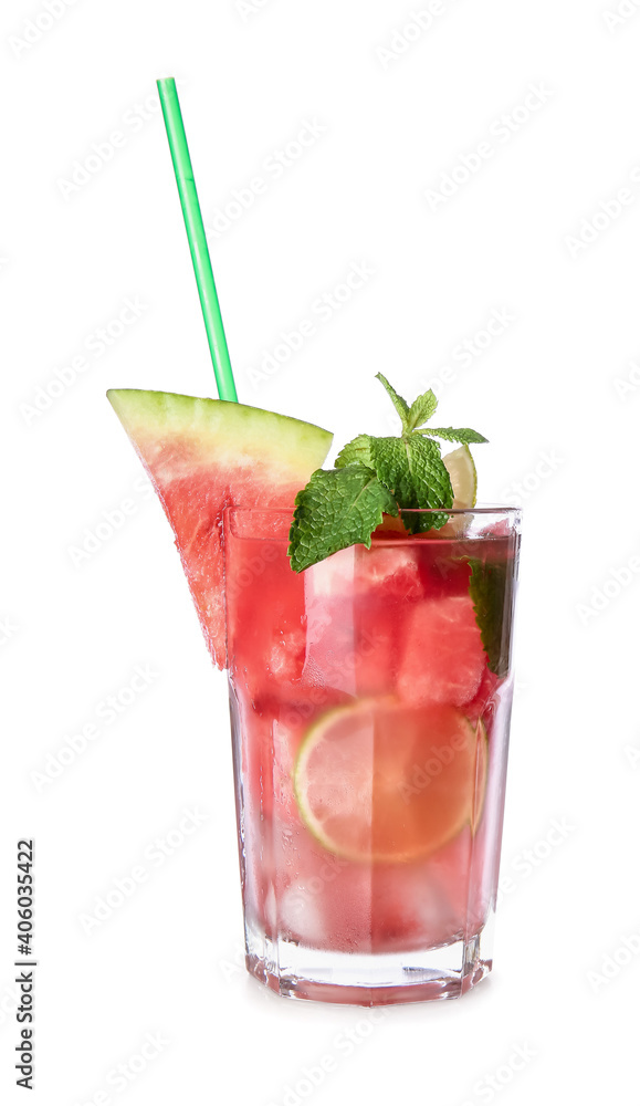 Glass of tasty cold watermelon lemonade on white background Glass of tasty cold watermelon lemonade on white background