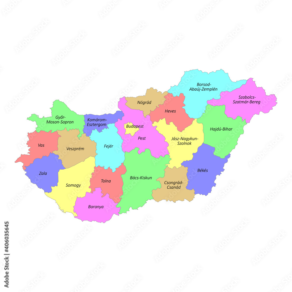 High quality labeled map of Hungary with borders of the regions