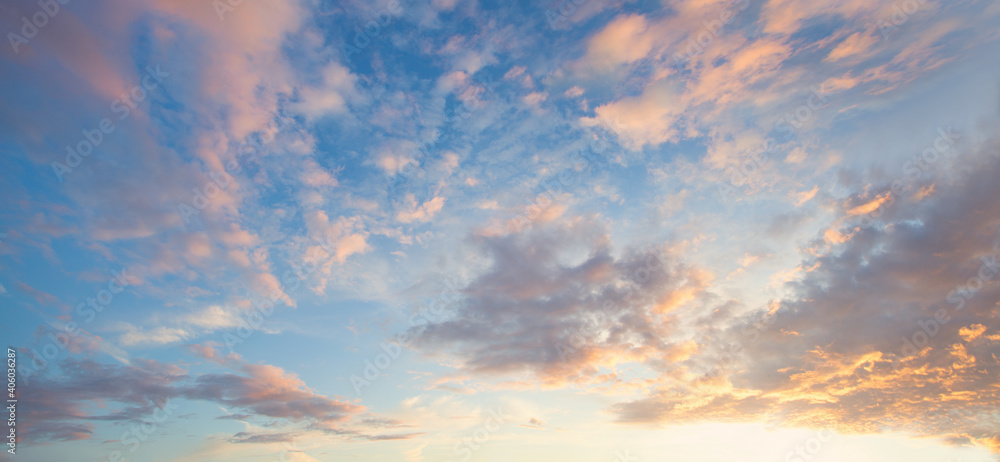 Sky with colorful clouds panorama, beautiful landscape skyline background