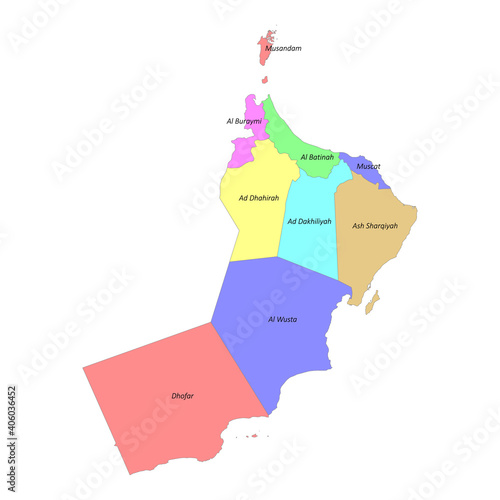 High quality labeled map of with Oman borders of the regions