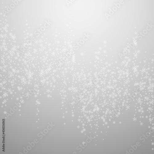Wallpaper Mural Beautiful glowing snow Christmas background. Subtle flying snow flakes and stars on light grey background. Alluring winter silver snowflake overlay template. Amusing vector illustration. Torontodigital.ca