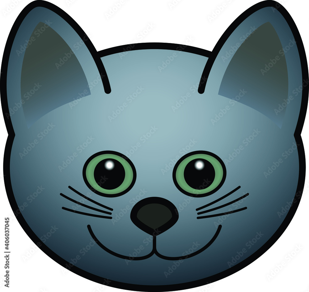 Head of a domesticated pet cat with a brown nose and green eyes. Blue coat. Head of a domesticated pet cat with a brown nose and green eyes. Blue coat.
