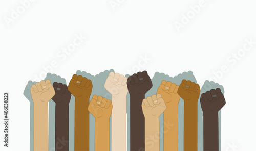 Flat vector illustration of People with different nationalities and races raise up fists. Protest, stop racism, equality concept. Human hands with clenched fists.