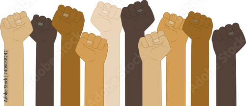 Flat vector illustration of People with different nationalities and races raise up fists. Protest, stop racism, equality concept. Human hands with clenched fists.