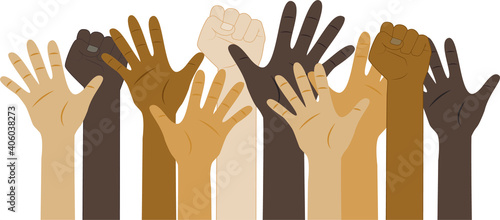 Flat vector illustration of people with different skin colors raising their hands. Unity concept.