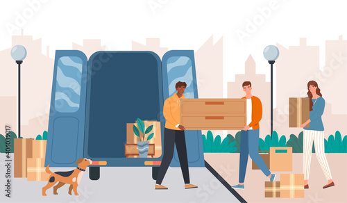 Friends are helping to transport furniture to new home. Male and female characters loading boxes into the van. Concept of relocating to the new house. Flat cartoon vector illustration