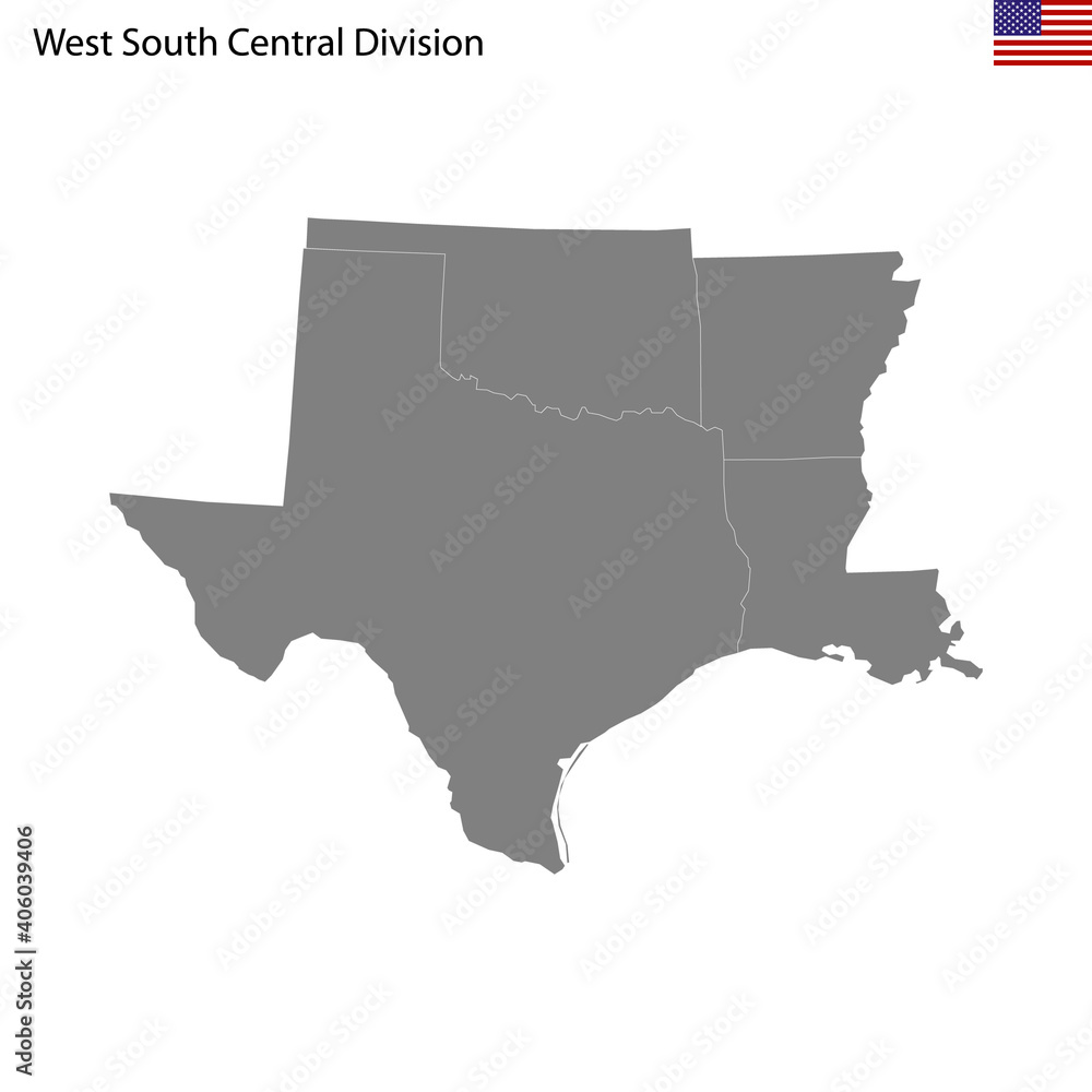 High Quality map of West South Central division of United States of America with borders