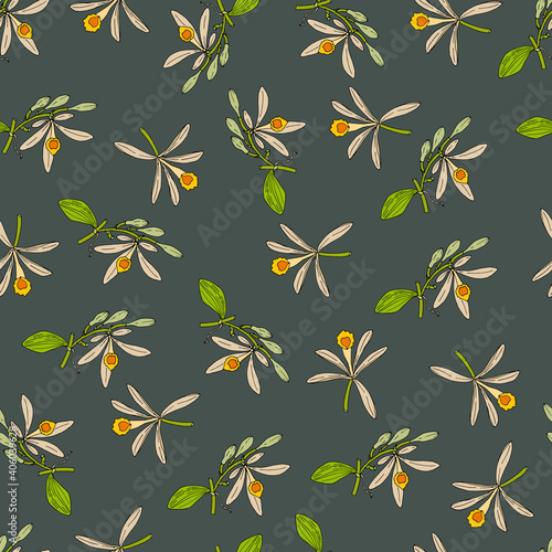 Seamless pattern with vanilla flowers on grey background