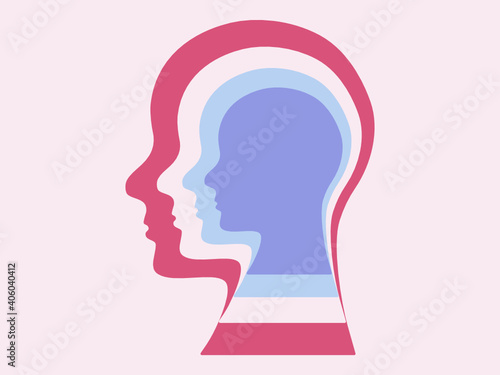 Subconcious mind, deep thinking. Human heads symbol layers. One head inside the other. Vector.