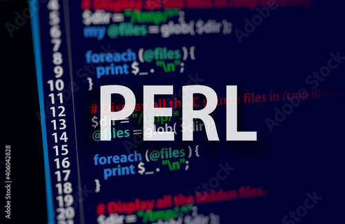 Perl code on dark background in code editor and word Perl. Perl programing language  photo