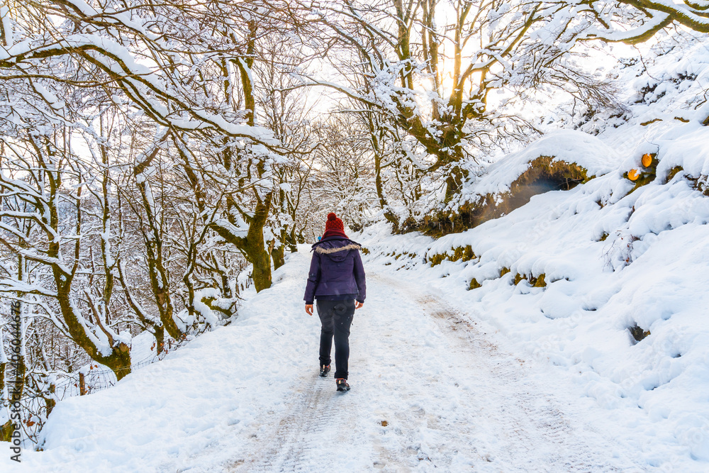 A young woman walking through the snow in the snow-covered Oianleku natural park in the town of Oiartzun, next to Peñas de Aya in winter, Gipuzkoa. Basque Country