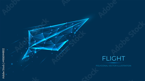 Abstract polygonal vector illustration of paper airplane flight made of lines and dots isolated on blue background.