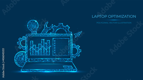 Abstract polygonal vector illustration of laptop optimization. Low poly concept of laptop made from lines and dots. Search engine optimization.