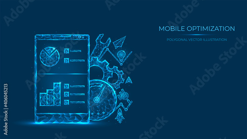 Abstract polygonal vector illustration of mobile optimization. Low poly concept of mobile phone made of lines and dots isolated on blue background. © Vladislav