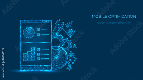 Abstract polygonal vector illustration of mobile optimization. Low poly concept of mobile phone made of lines and dots isolated on blue background.