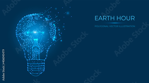 Earth hour vector illustration. Abstract polygonal light bulb and earth map made of lines and dots isolated on blue background.