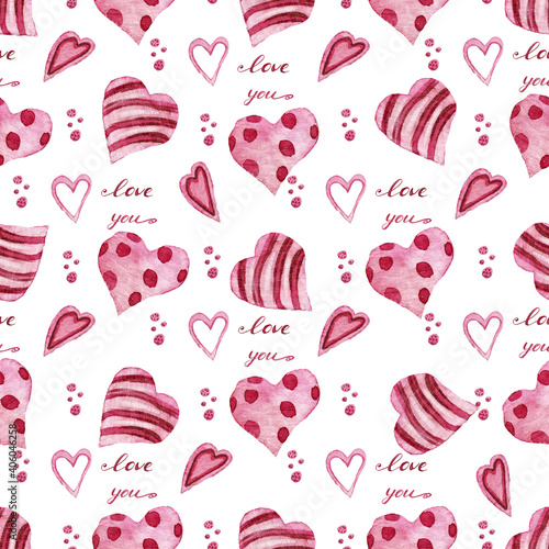 Watercolor hearts seamless pattern background