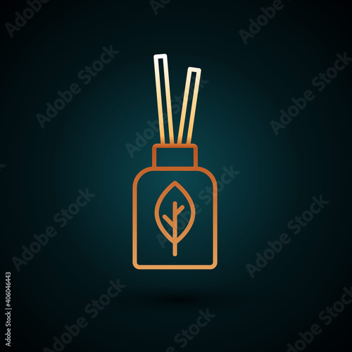 Gold line Aroma diffuser icon isolated on dark blue background. Glass jar different with wooden aroma sticks. Vector.