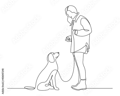 Walking with Dog Continuous Line Drawing. Woman and Dog Black Lines Drawing on White Background. Cute Pet with Cute Girl Minimalist Illustration. Modern Scandinavian Design. Vector EPS 10