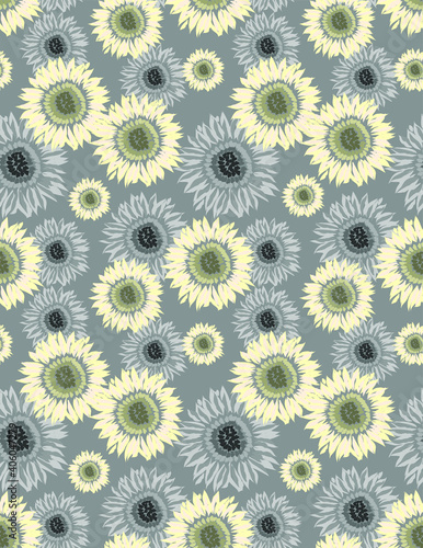 Sunflowers seamless pattern in gray-yellow colors. Watercolor. Trendy floral background for textile  fabric  paper.