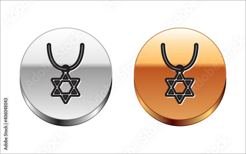 Black line Star of David necklace on chain icon isolated on white background. Jewish religion symbol. Symbol of Israel. Jewellery and accessory. Silver-gold circle button. Vector.