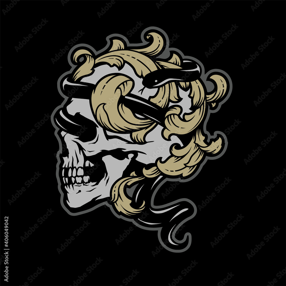 Skull with a snake and vintage leaves on a dark background. Vector illustration.