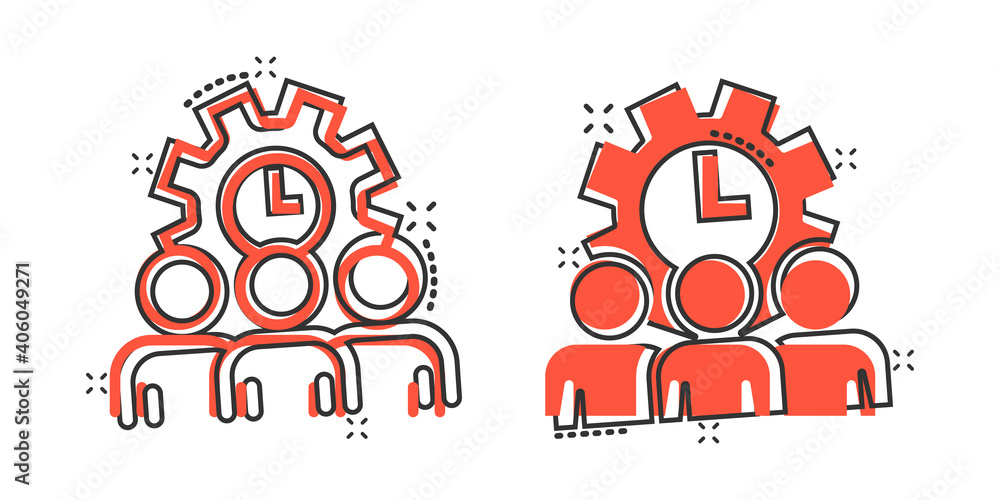 People and clock icon in comic style. Gear with user cartoon vector illustration on white isolated background. Businessman splash effect business concept.