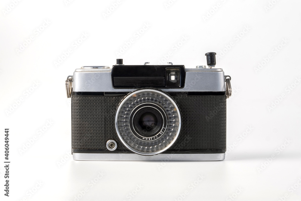 Antique old fashion film camera front view isolated on white background including clipping path